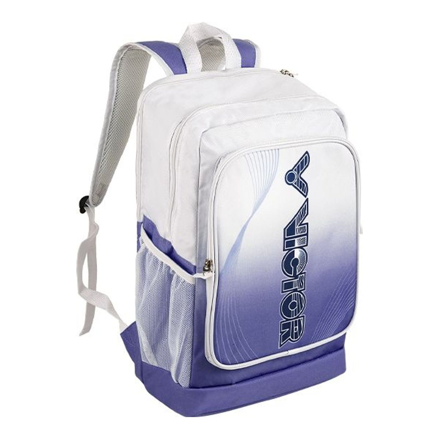 Victor BR2003 badminton backpack in White Jacaranda — 3/4 side angle showing front pocket, mesh bottle pocket and lower compartment