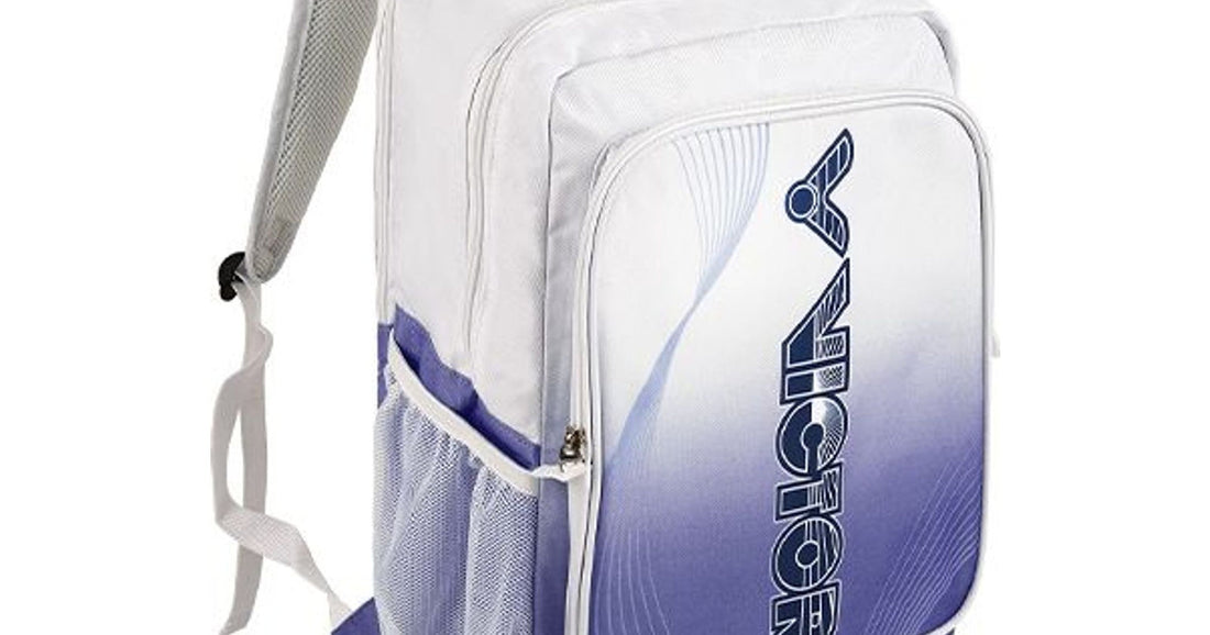 Victor BR2003 badminton backpack in White Jacaranda - 3/4 side angle showing front pocket, mesh bottle pocket and lower compartment