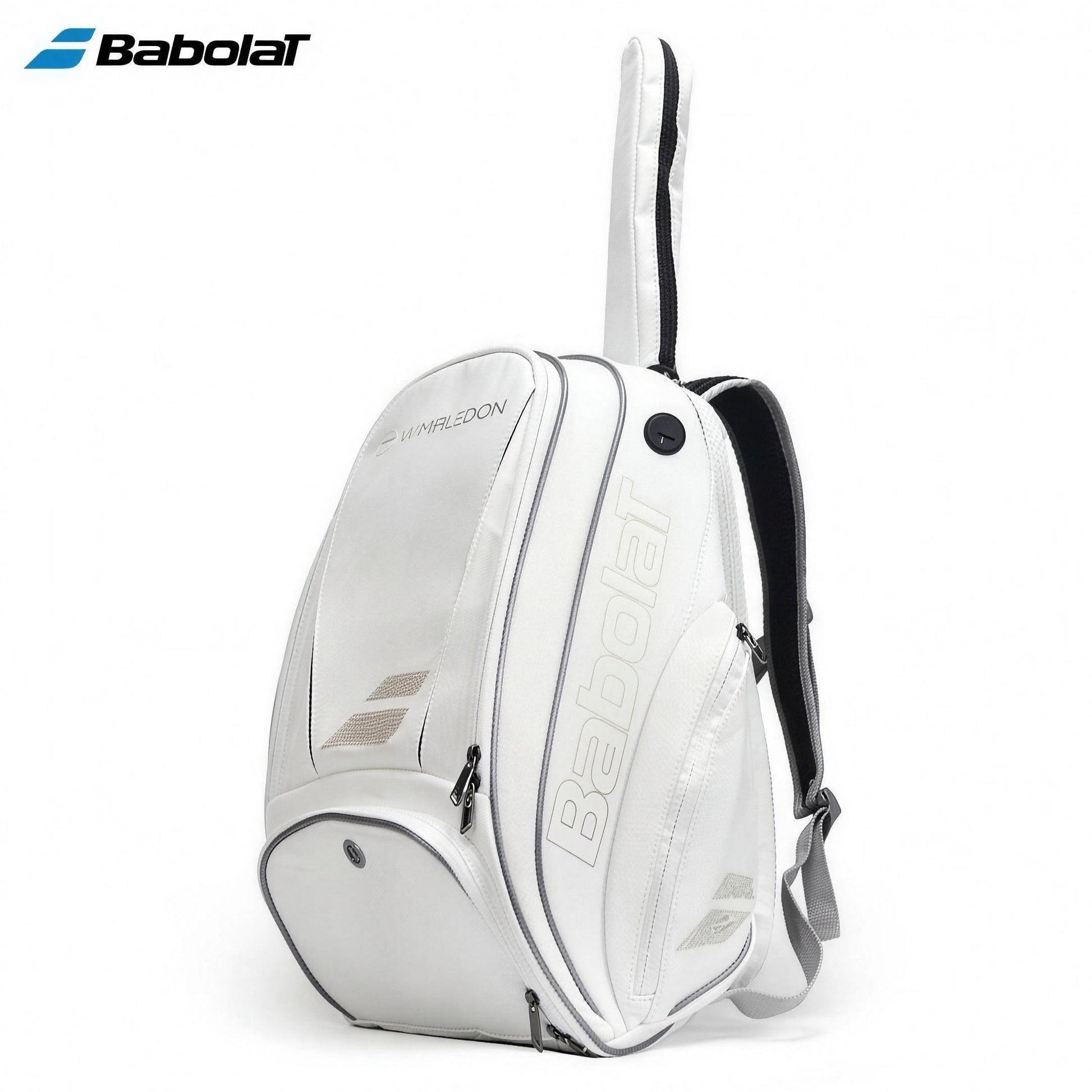 Babolat Pure Wimbledon 2-racket tennis backpack in white, front 3/4 view with branding