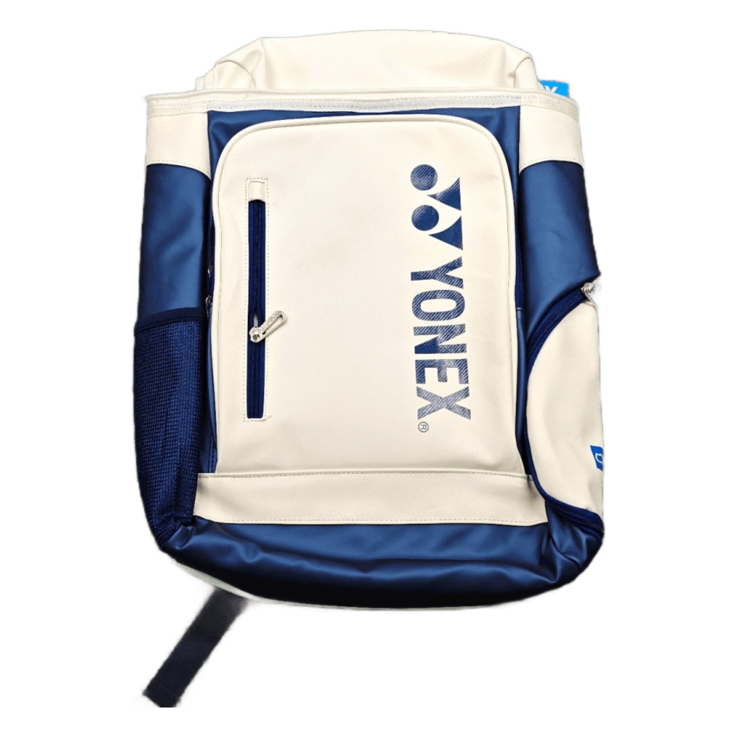 Yonex badminton racket backpack in white and navy, front view with vertical YONEX logo, front zip pocket and side bottle pockets