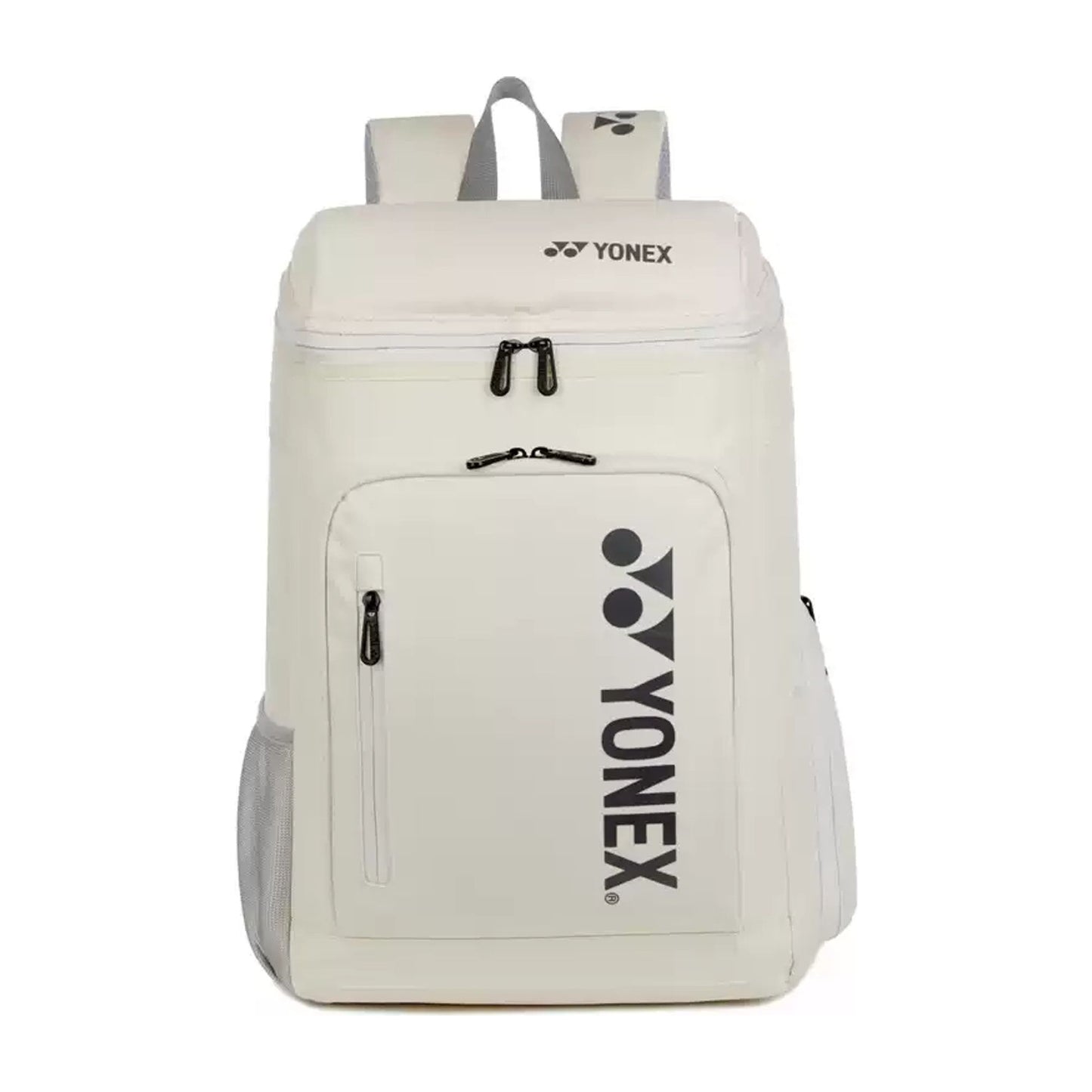 Yonex badminton backpack in cream, front view with shoe compartment