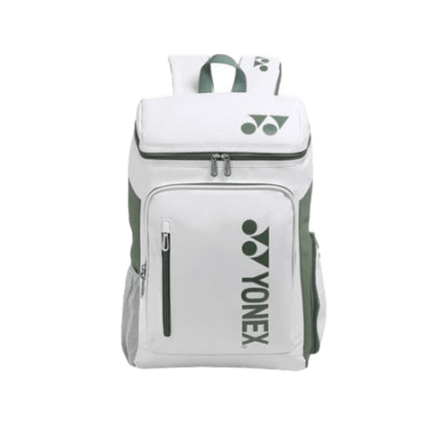 Yonex badminton backpack in white and moss green, three-quarter studio view with vertical YONEX logo and front zip pocket