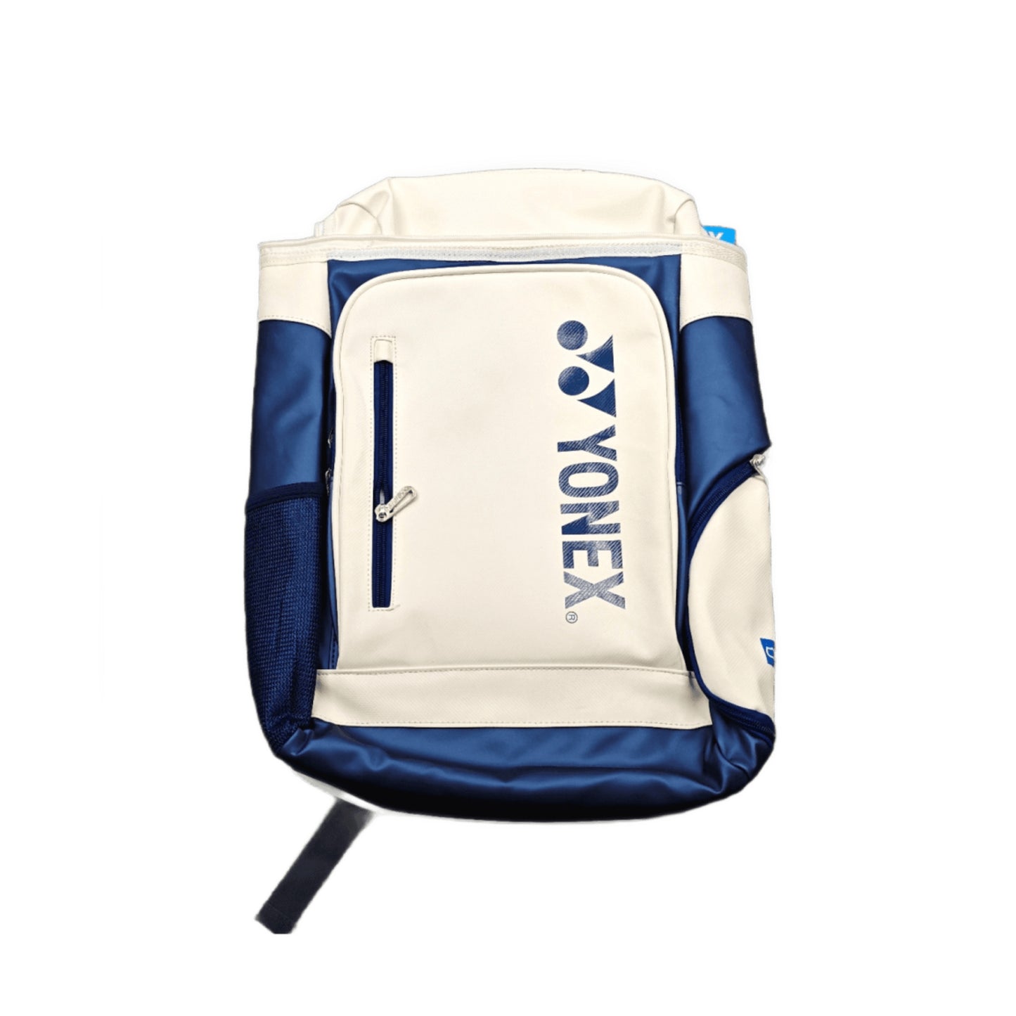 Yonex badminton backpack in white and navy, front studio view with vertical YONEX logo and front zip pocket